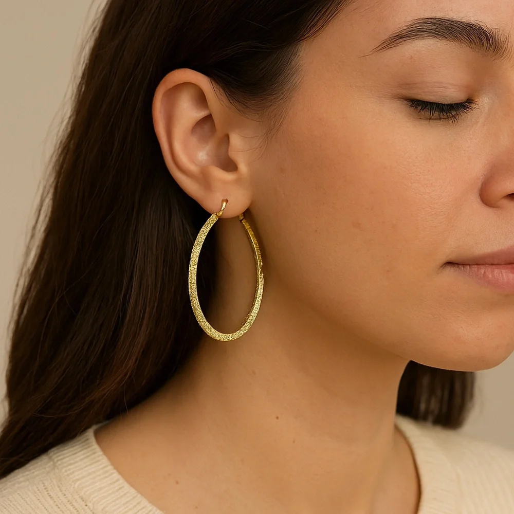 Hoop Earrings pierced gold glitter coated metal 1.5” diameter